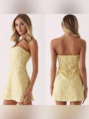 Peppermayo Livvy Strapless Mini Dress Yellow Floral Size US 18 NWT Corset Back